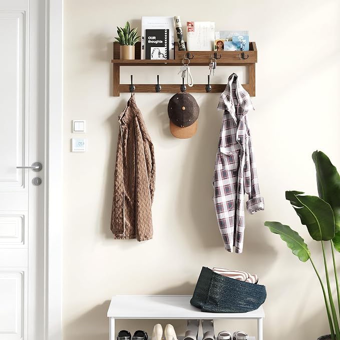 AMBIRD Wall Hooks with Shelf, 26.57 Inch Entryway Wood Coat Hooks for Wall with Shelf, Coat Rack Wall Mount with 5 Dual Hooks 3 Key Hooks Mail Organizer and Key Rack Holder (Brown)