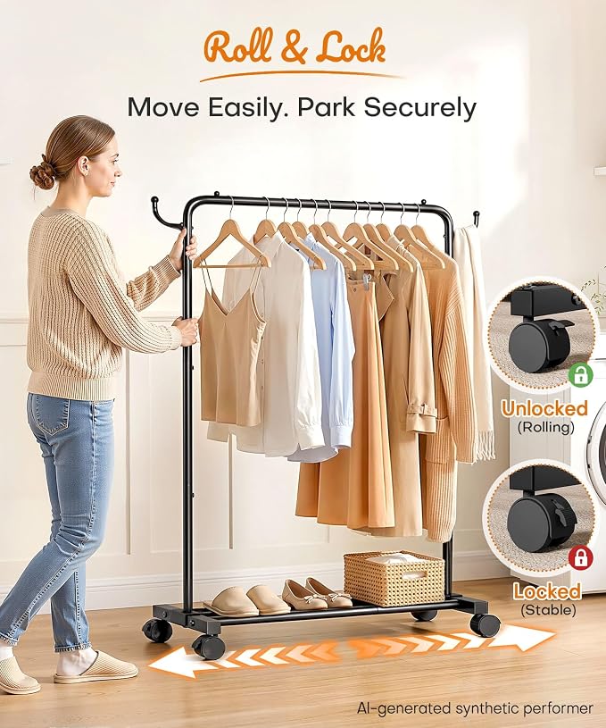 Homde Portable Clothes Rack for Bedroom: 4 Lockable Wheel Move Room-to-Room | Laundry to Closet in 1 Smooth Roll - No Heavy Lifting for Renters & Movers - 88 lbs Hanging Rod for Garment Coat to T-Shirt