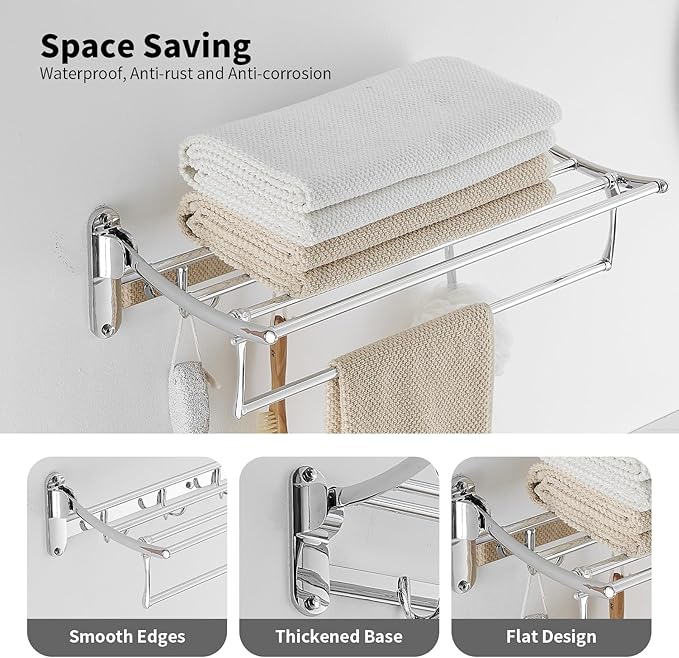 24 Inch Polished Chrome Towel Racks, Bathroom Towel Shelf with Foldable Towel Bar Holder and Towel Hooks, Wall Mounted Multifunctional Bathroom Accessories, Double Towel Bars