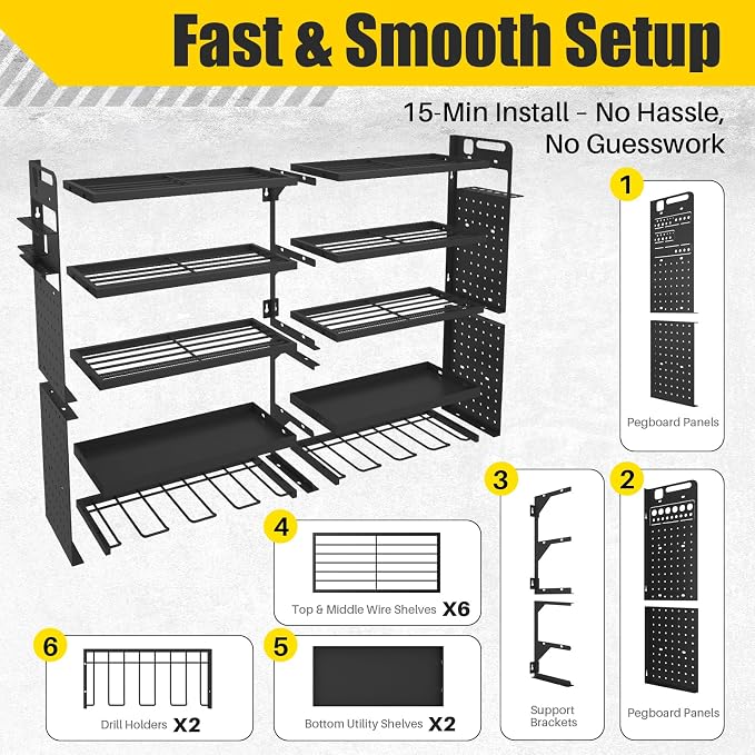 Large 5-Tier Power Tool Organizer Wall Mount, 320lbs Load Capacity Garage Storage Rack with 8 Drill Holders, 34" Heavy Duty Metal Utility Shelf, Holds Over 30 Tools for Garage Workshop
