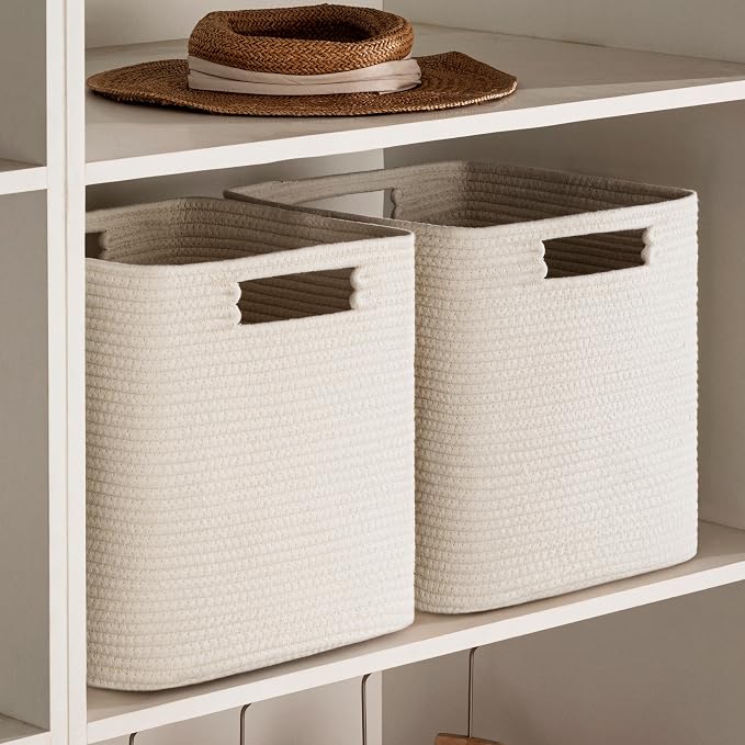 UBBCARE Set of 3 Cotton Rope Basket 13 X 13 X 13 Inches, Woven Storage Baskets for Shelves, Organizing with Handles, Cube Storage Bins for Storage Books, Magazines, Beige