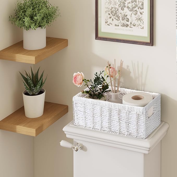 Wicker Storage Basket, Set of 2 Hand-Woven Paper Rope Wicker Baskets for Organizing Decor Storage Bins for Counter Shelves Pantry Basket Small Toilet Paper Basket for Toilet Tank Top, White