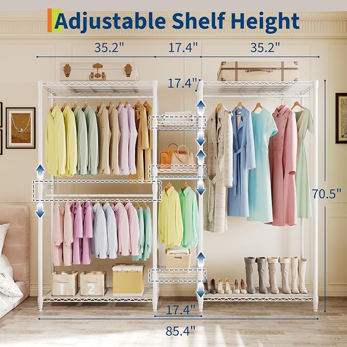 Heavy Duty Garment Rack Stable Clothes Rack for Hanging Clothes Wardrobe Closet with Adjustable Shelves & Hanging Rods for Bedroom 70.5" H x 85.4" L x 17.4" W