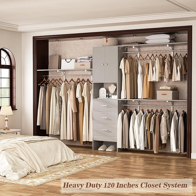 120 Inches Closet System With Doors, 10FT Walk In Closet Organizer with 3 Shelving Towers, Heavy Duty Clothes Rack with 3 Drawers, Built-In Garment Rack, Max Load 1300 LBS, Grey