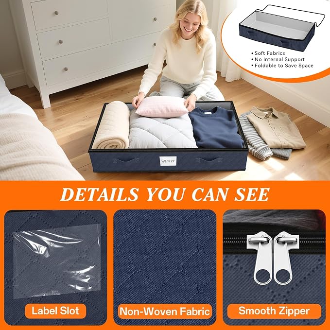 90L Under Bed Storage Containers, Storage Bags, Organizers, 2-Pack, Blue | Foldable, Soft Fabric, Closet Organizers, Reinforced Handle, Label Holder, Clear Window, for Comforters, Clothing, Blankets