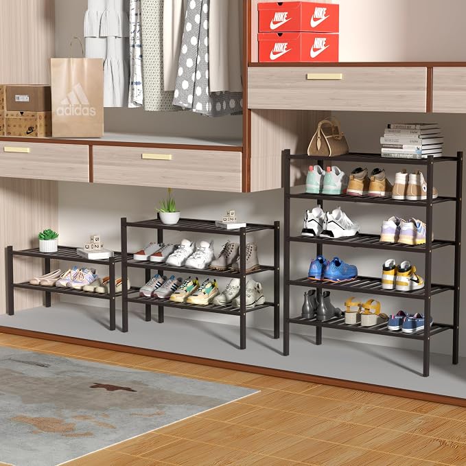 ROMGUAR CRAFT 4 Tier Bamboo Shoe Rack for Closet Free Standing Wood Shoe Shelf for Entryway Small Space Stackable 27"x11"x26" (Brown)