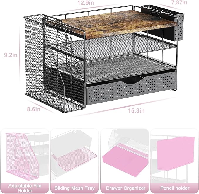 gianotter Wood Desk Organizers and Accessories with File Sorters, 4-Tier Desk Accessories & Workspace Organizers with Drawer and Pen Holder, Desk Reference Organizer (Wood, 4T with Drawer)