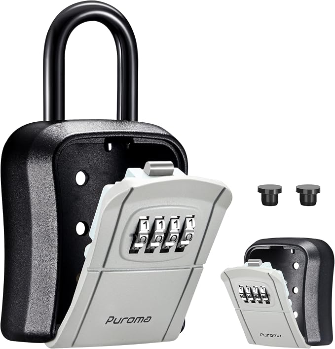 Puroma Key Lock Box Outdoor 4 Digit Code Combination Lockbox House, 1 Gray | For Contractors Guest Realtor Storage Keys, Portable, Home Wall Mount, Resettable, Combination, Weatherproof, High-capacity
