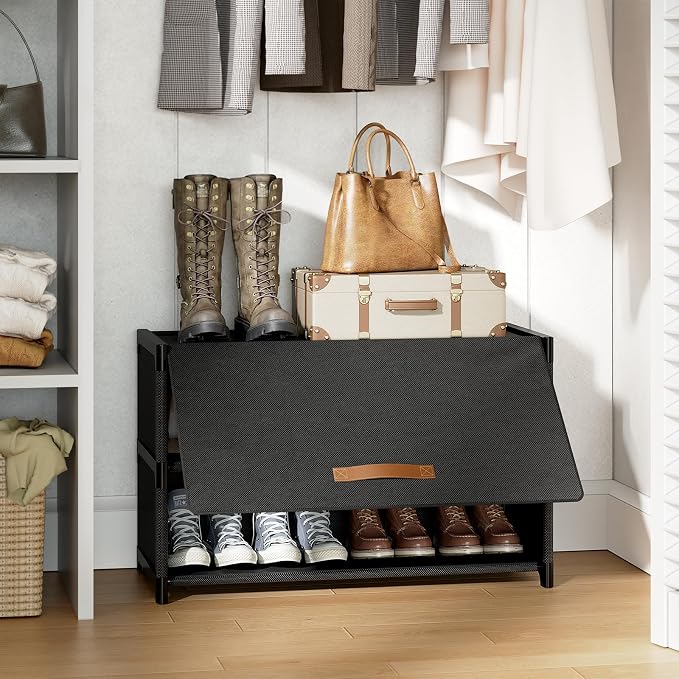 3 Tier Shoe Cabinet with Door, 12-Pair Storage, Black | Compact for small closets. Holds heels, sneakers, boots. Door for dust/pet protection. Quick easy setup.