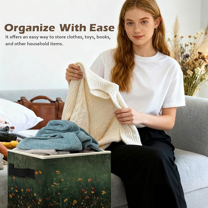 Dark Green Wildflower Storage Box Bins, Dark Cottagecore Floral Botanical Collapsible Storage Basket Organizer for Bedroom Laundry Room Home Clothes Books, Decor for Room
