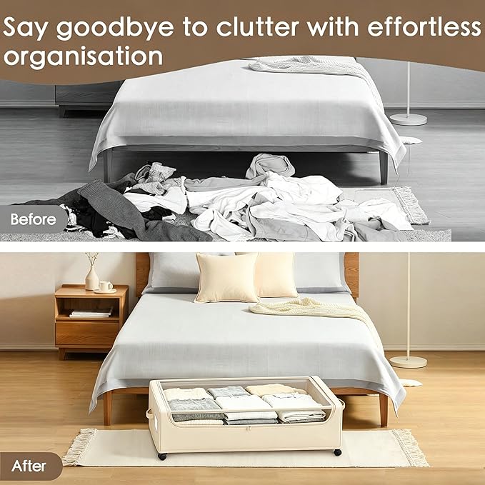 Under Bed Storage with Wheels, 2-Pack Under the Bed Storage Containers with Clear Lids & Label, Underbed Storage Bins, XXXL 85L 11 inches Rolling Metal Drawer for Clothes, Shoes, Toys, Books - Beige
