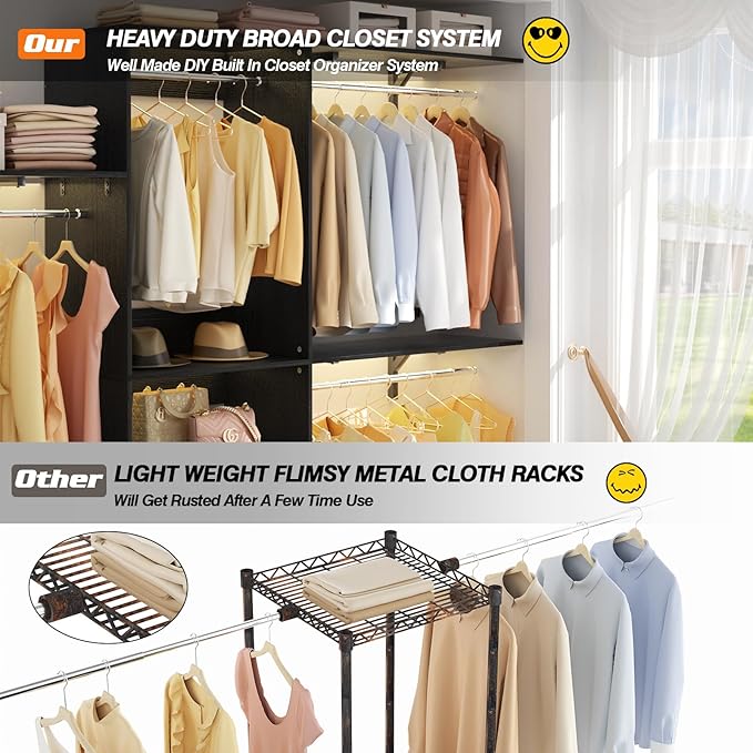 8FT Closet System with 3 Wooden Storage Shelves, 96'' Closet Organizer System with 3 Hanging Rods, Wall Mount Bedroom Wardrobe Walk-in Closet, Adjustable Garment Rack from 5 to 8FT (Cut to Fit), Black