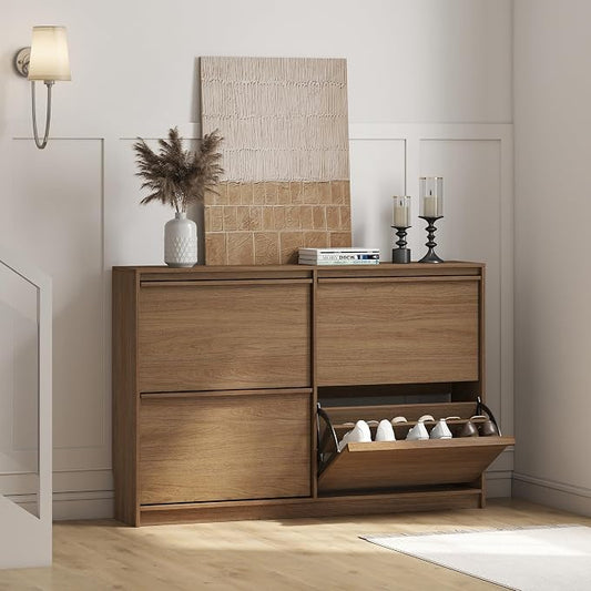 Shoe Storage Cabinet for Entryway with 4 Flip Drawers, Wooden Shoe Organizer Cabinet with Adjustable Shelf, Slim Freestanding Shoe Rack for Entryway, Hallway, Living Room, Walnut