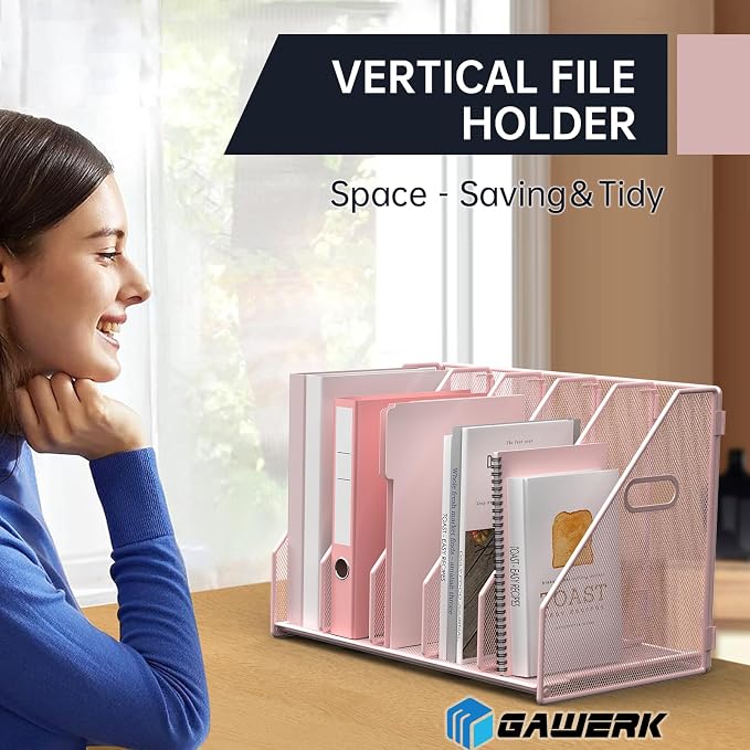 MINDEPOT Desk File Organizer Folder Holder with 5 Vertical for Office, Pink