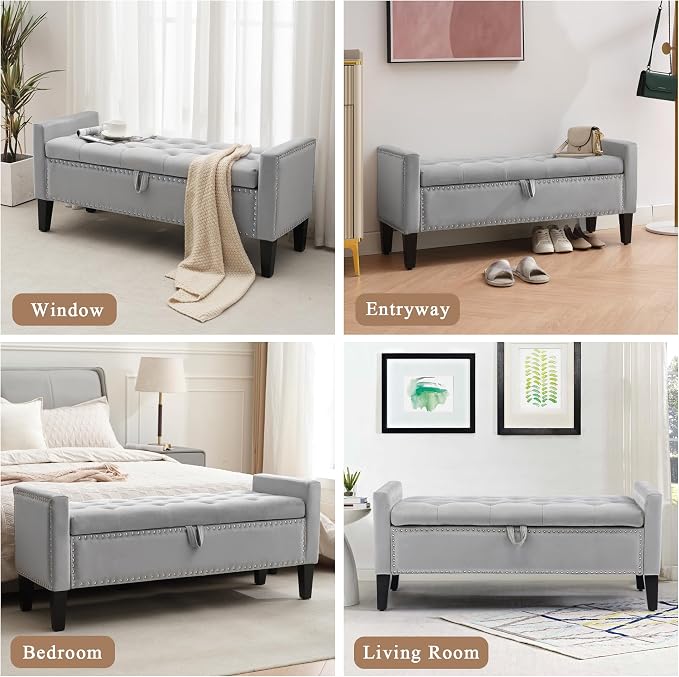 Velvet Storage Ottoman Bench, 46'' Upholstered Button Tufted End of Bed Bench, Modern Storage Bench for Bedroom, Living Room, Entryway, Grey