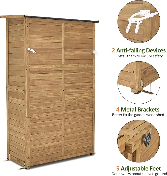 Macrout 30 Cu.Ft Outdoor Storage Cabinet with 4 Shelves for Garden, Outside Vertical Storage Wood Tool Shed with Waterproof Roof, Lockable Door for Yard and Patio Lawn W981D