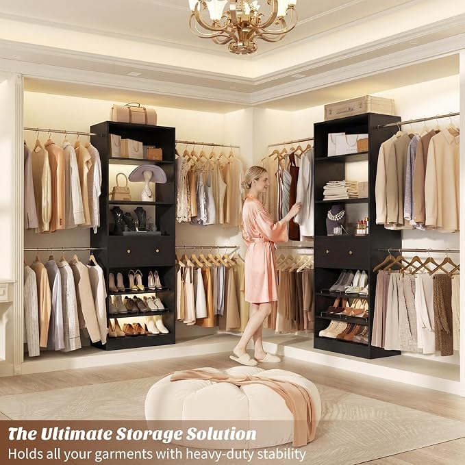 Wood Closet Organizer System - 4FT-9FT Expandable Wardrobe Closet with Drawer & 4 Hanging Rods, Heavy Duty Walk-in Closet 1000Lbs for Bedroom Walk-in Closet, Black