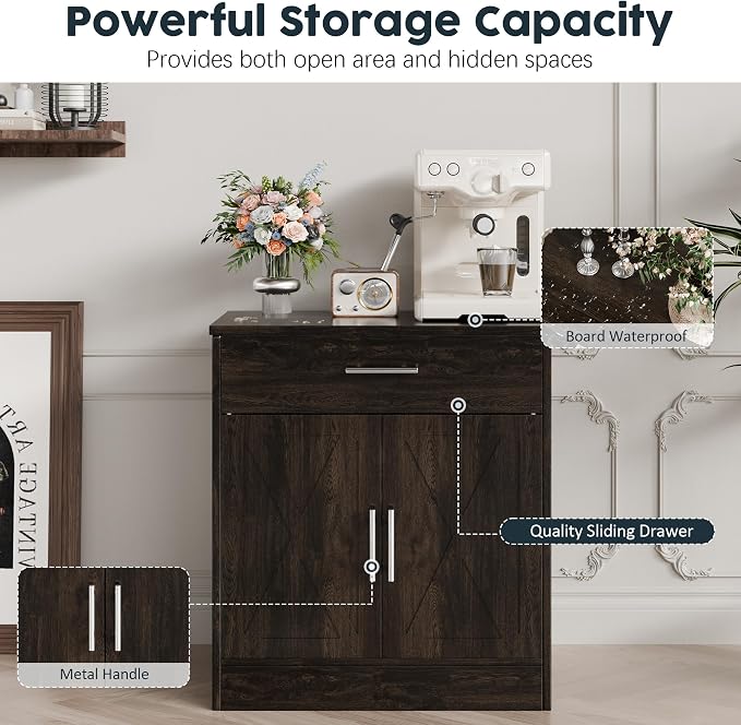 Kitchen Buffet Sideboard Cabinet, Wooden Storage Cabinet with 2 Doors and 1 Drawers, Adjustable Shelf, Modern Farmhouse Coffee Bar Cabinet with Storage for Kitchen, Rustic Brown