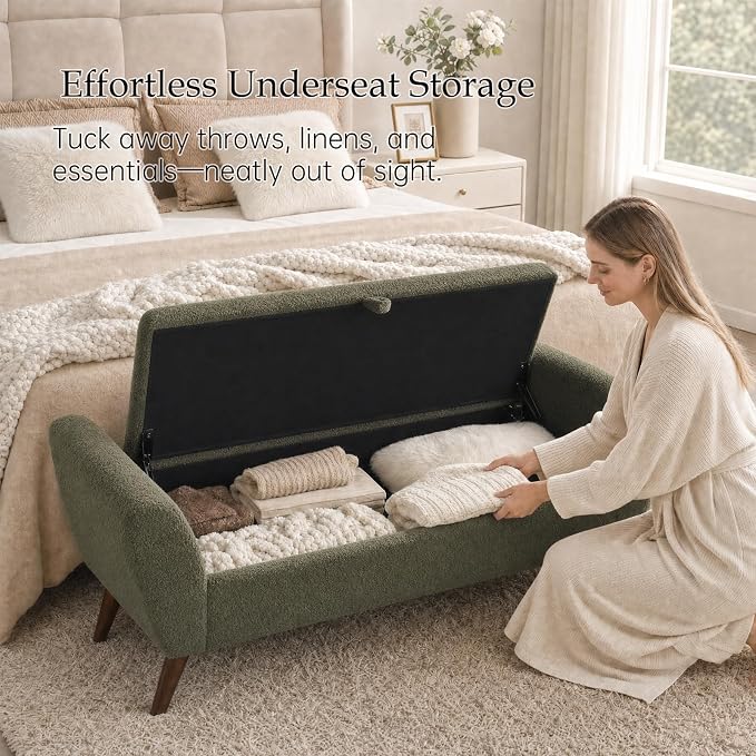60" Storage Ottoman Bench, End of Bed Bench King Size Green | Solid Wood Legs, Large Hidden Storage, High-Resilience Foam, Teddy Fabric