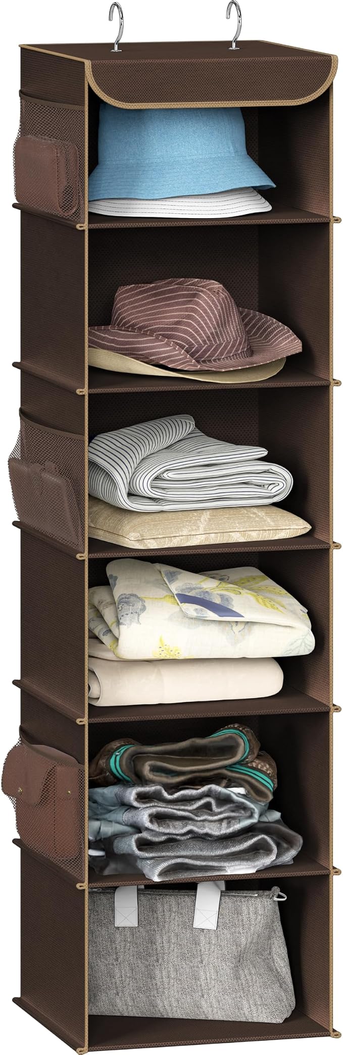 Simple Houseware 6 Shelf Hanging Closet Organizer, Brown | 360° Rotating Dual Hooks, Top Support Metal Frame, 6 Side Mesh Pockets