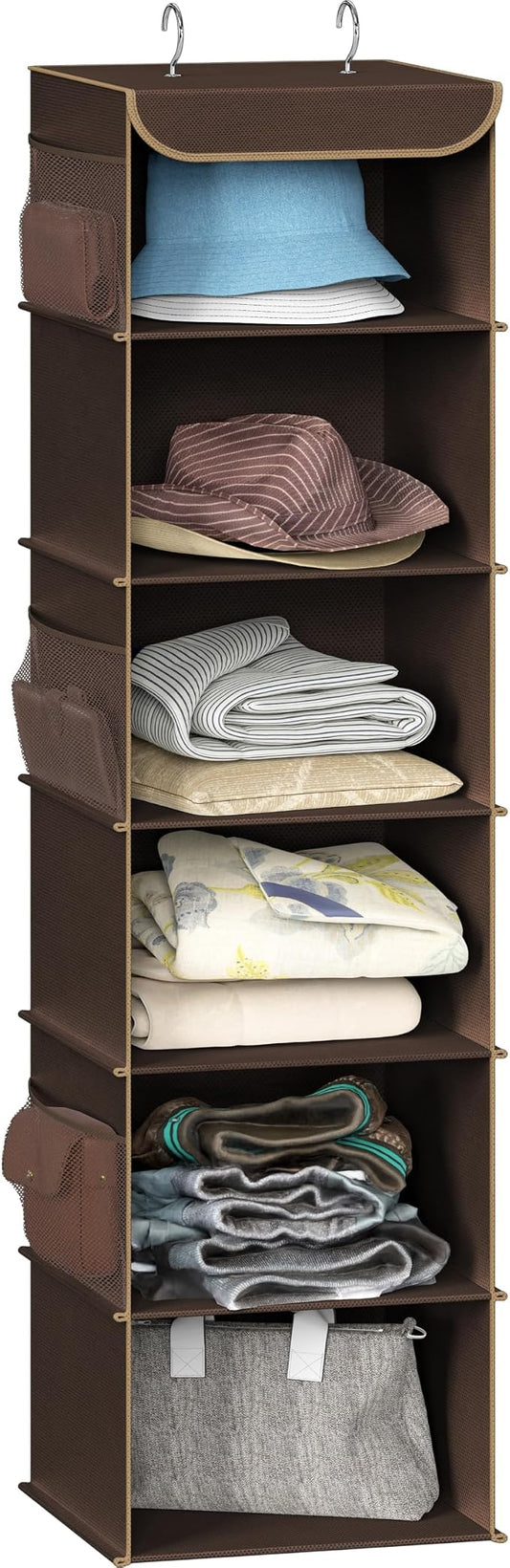 Simple Houseware 6 Shelf Hanging Closet Organizer, Brown | 360° Rotating Dual Hooks, Top Support Metal Frame, 6 Side Mesh Pockets