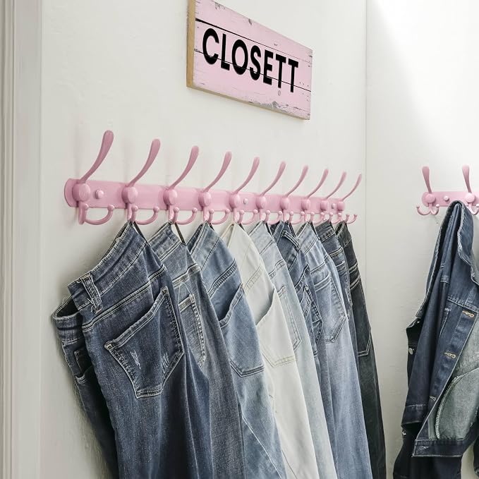Dseap Coat Rack Wall Mount - 38” Long 10-Tri-Hooks Heavy Duty Coat Hanger Rail Wall Hooks for Hanging Coats Hats Clothing Clothes Purse Mudroom Entryway, Pink