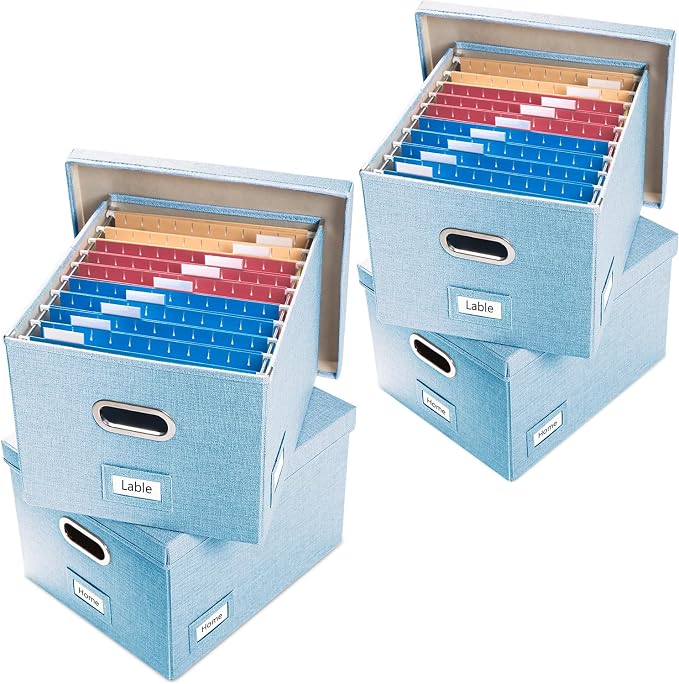 File Organizer Box - Set of 4 Collapsible Decorative Linen Filing Storage Hanging File Folders with Lids Office Cabinet Letter/Legal Size Blue 17.1x14x11.1 inch