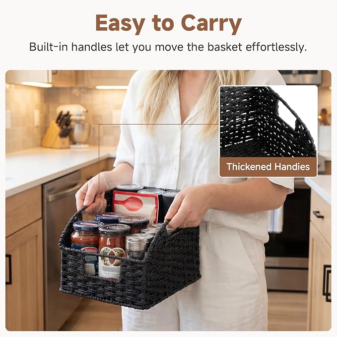 StorageWorks Pantry Organizers and Storage,Black Wicker Baskets,2-Pack | Paper Rope Wicker Baskets with Handles,Handwoven Pantry Baskets for Shelves,Wicker Storage Baskets for Shelves,Black Baskets