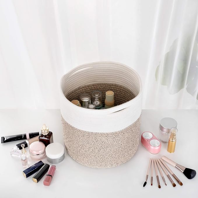 11 x 11 Inches Cotton Rope Basket for Flower Pot and Indoor Floor Planters, Decorative Round Woven Plant Pot Basket, Planter Covers, Small Dog Toy Storage Baskets, Light Brown