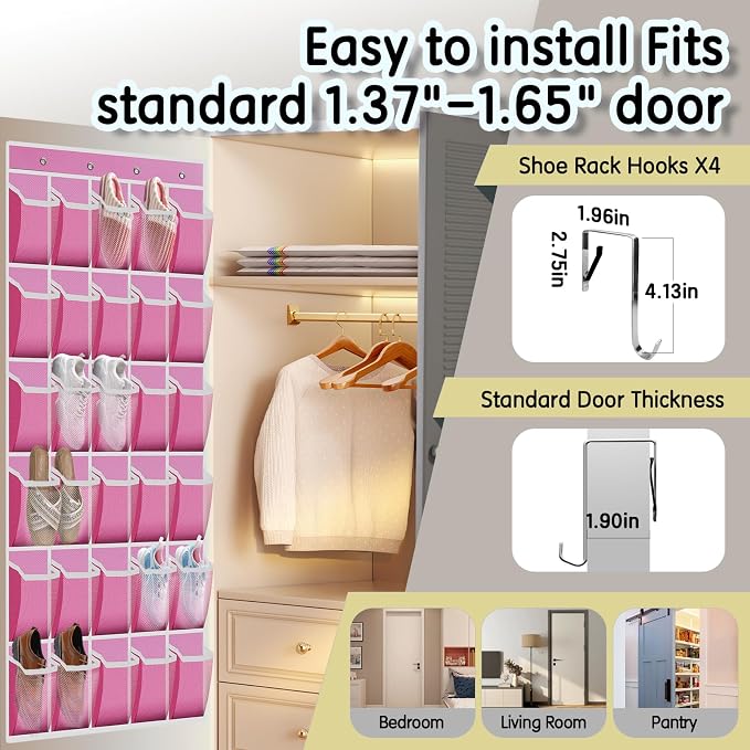 Kotkn Over the Door Shoe Organizer with 30 Breathable Mesh Pockets - Large Capacity Closet Storage for Men & Women, Hanging Shoe Rack Organizer (Pink)