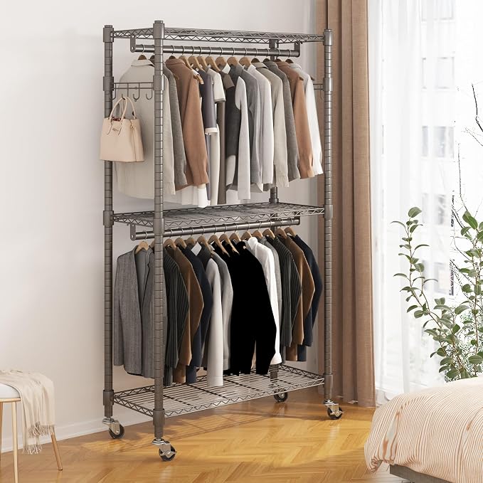 BATHWA Clothes Racks for Hanging Clothes, 35.5" W x 16.5" D x 80.7" H, Rolling Tall Heavy Duty Wardrobe Rack with Shelves & Wheels Metal Freestanding Multifuctional for Bedroom Laundry balcony, Grey