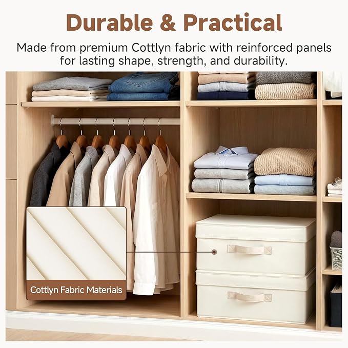 StorageWorks Storage Bins with Lid, Decorative Fabric Storage Bins with Handles, Stackable Closet Organizers for Shelves and Bedroom, Small, Beige(Cotton Linen), 2-Pack