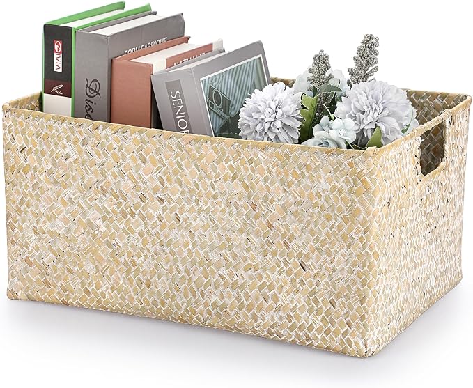 Hipiwe Wicker Shelf Baskets Seagrass Storage Opened Baskets Bin with Handle | Rectangular Closet Bedroom Basket Organizer Box, Multipurpose Woven Basket Home Organizer, Whitewash 14.6"x 10.6" x 7.1"
