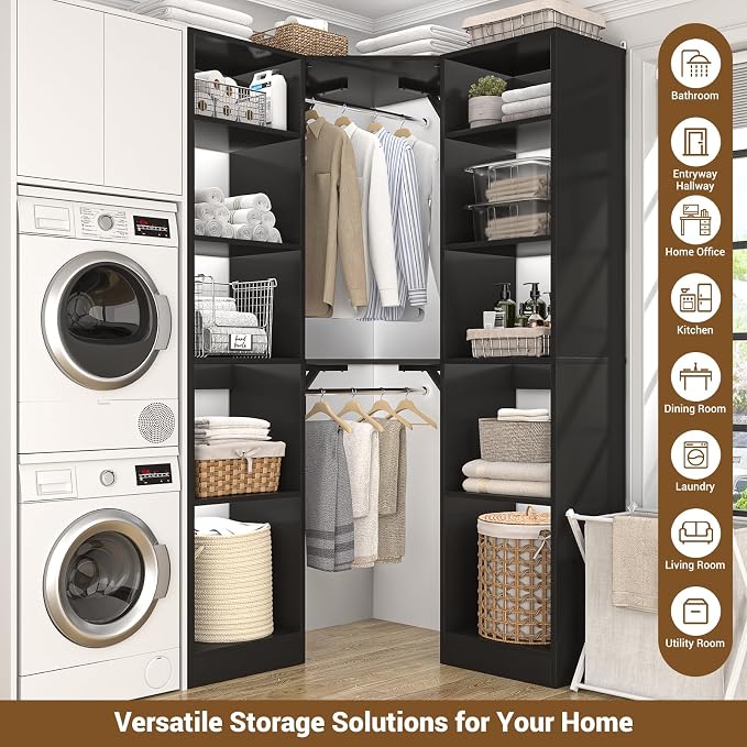 Besiost Corner Closet System with 12 Shelves, 39.2" Corner Organizer | L Shaped Closet with 2 Hanging Rods, Versatile 6-Tier Walk-in Closets for Corner Space, Black (39.2" L x 39.2" W x 80" H)