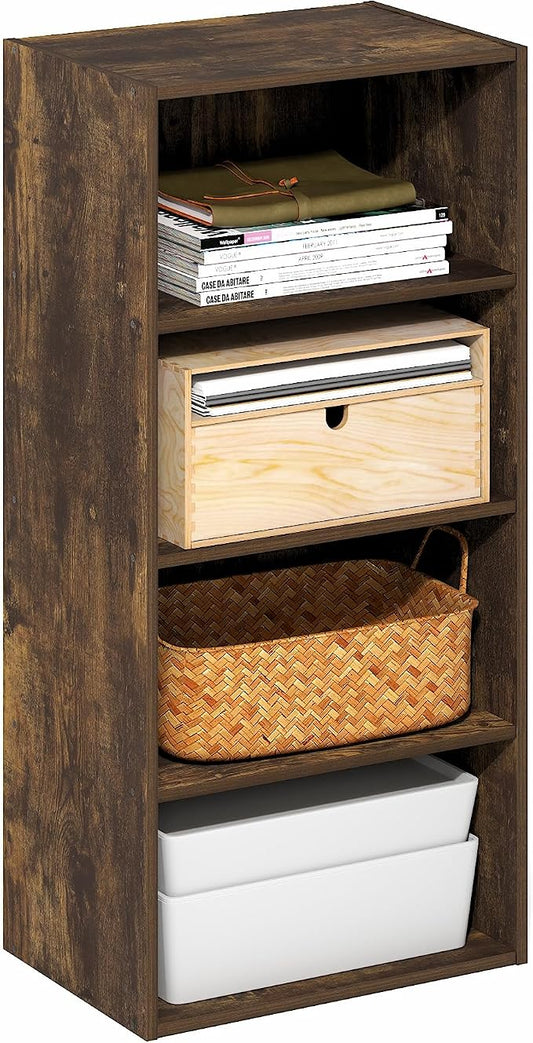 Furinno Basic Book Shelf, 4-Tier Bookcase with Open Shelf, Bookshelf, Cube Storage Organizer, 11 x 17 x 35, for Living Room, Bedroom, Home Office, Amber Pine