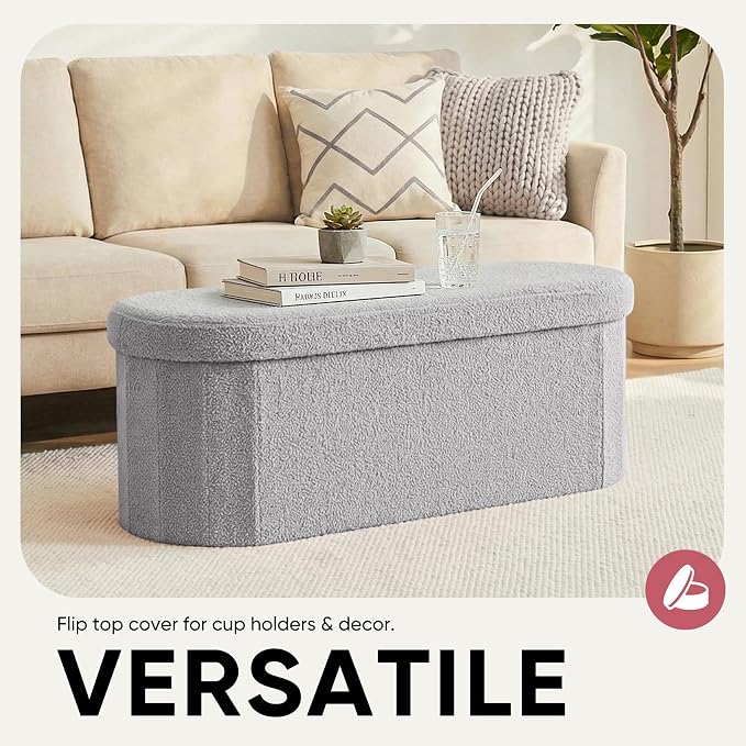 43 Inches Oval Ottoman with Storage, Boucle Sherpa Storage Ottoman Bench, Folding Foot Rest Chest for Bedroom Living Room