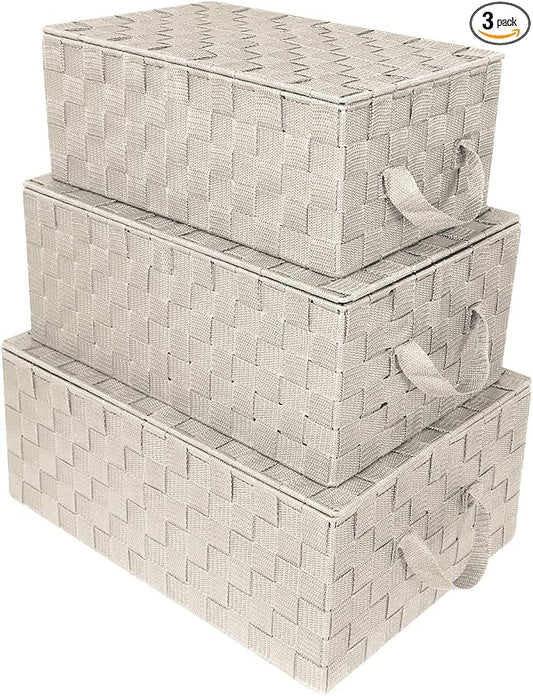 Sorbus Set of 3 Storage Baskets for Organizing with Lid, Mesh Hand-Woven Design, Linen Closet Organizers and Storage, Organizer Storage Baskets for Shelves, Variety Pack Organizers and Storage (Beige)