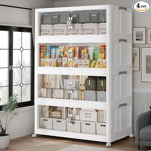480QT Extra Large Stackable Storage Bins with Lid, 120Gal Plastic Closet Organizers and Storage Drawer, Collapsible Cabinet Box with Wheels Clear Doors for Home Kitchen Office, 4Pack White