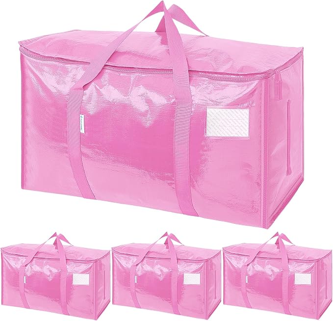 TICONN 4 Pack Extra Large Moving Bags Heavy Duty with Zippers & Carrying Handles, Durable Storage Bags Moving Boxes for Closet Organizers and Storage (4 Pack, Pink)