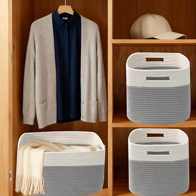 3 Pack Woven Baskets,Storage Baskets for Shelves with Handles | 13.5"×11"×9.5", Closet Baskets, Nursery Organizer for Toys Towels Books, Storage Bin for Living Room Bedroom (White & Grey)
