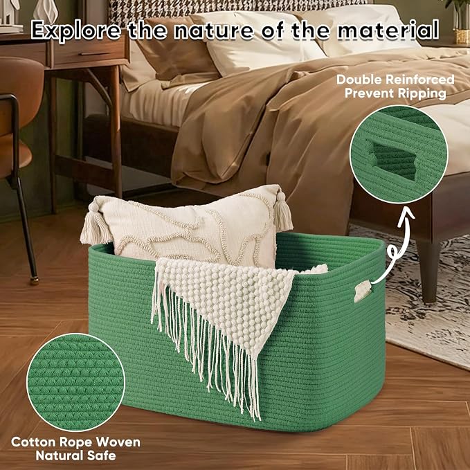 OIAHOMY 75L Large Blanket Basket, Woven Cotton Rope Baskets for Organizing 22”x17”x12”, Blanket Basket living Room, Toy Storage Bins for Nursery, Green