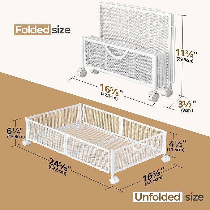 Yecaye Under Bed Storage with Wheels, 2 Pack Under Bed Shoe Storage Organizer Drawer, Tool-free Assembly Metal Underbed Storage Containers for Clothes, Shoes, White