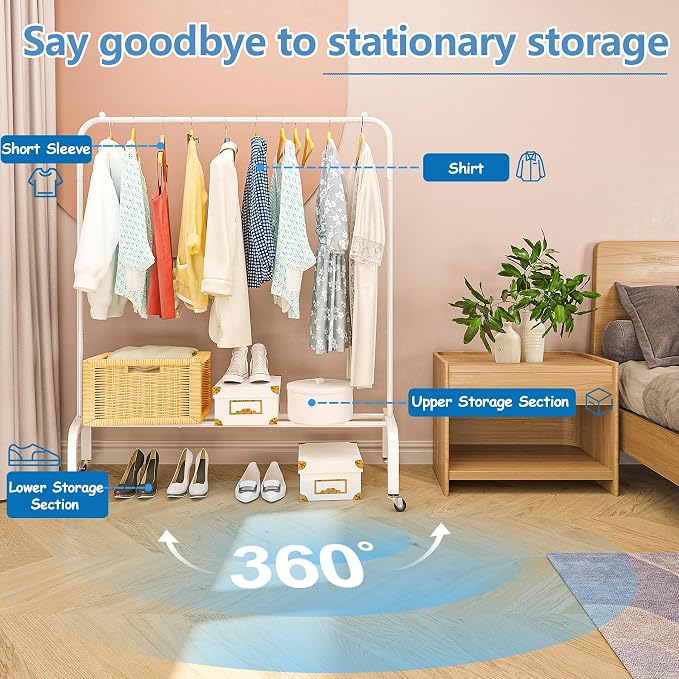 Metal Clothing Rack with Wheels, 43.3 Inches Rolling Clothes Garment Coat Rack with Bottom Shelf, Clothing Rack for Hanging Clothes, Coats, Skirts, Shirts, Sweaters, White