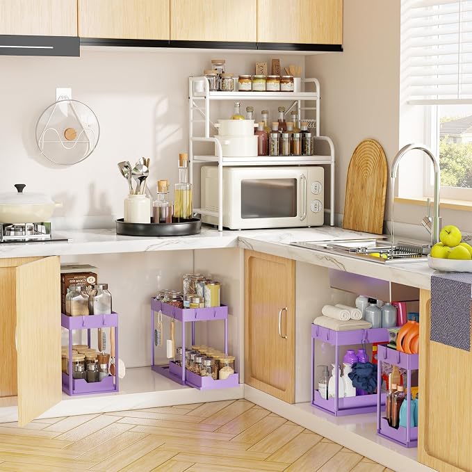 Simple Trending Under Sink Organizer 2 Pack, Sink Pull-Out Sliding Storage Cabinet, 2-Tier Under Shelf Organizer for Kitchen Bathroom, Purple