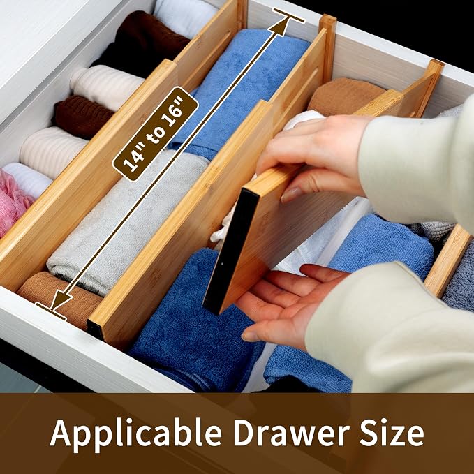 Utoplike Bamboo Drawer Organizer, 4" H Dresser Drawers Dividers for Clothes | Adjustable Drawers Organizers for Clothing, Silverware, in Kitchen, Bathroom, Bedroom Drawer, Fit 14"-16" Drawers