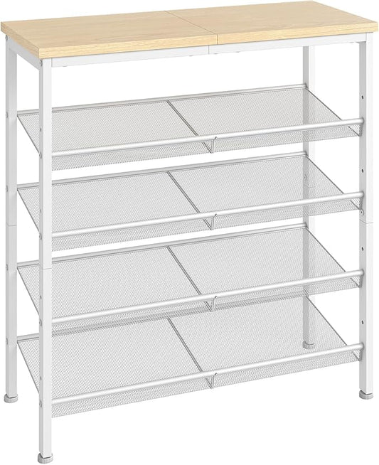 HOOBRO Shoe Rack for Entryway, 5-Tier Shoe Organizer with Adjustable Mesh Shelves, 12-16 Pairs of Shoes, Spacious Floor Mount, Metal, Industrial, Shoe Shelf for Closet, Natural and White WN12XJ01