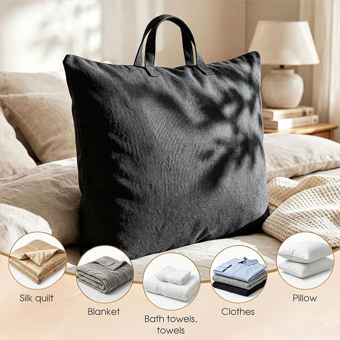 2 Pack Travel Pillow and Blanket Bags, 100% Cotton Canvas Pillow Storage Bag with Handles, Heavy Duty Breathable Organizer for Bedding Linens, Pillow Bag for Traveling(2,Black,20"x36")