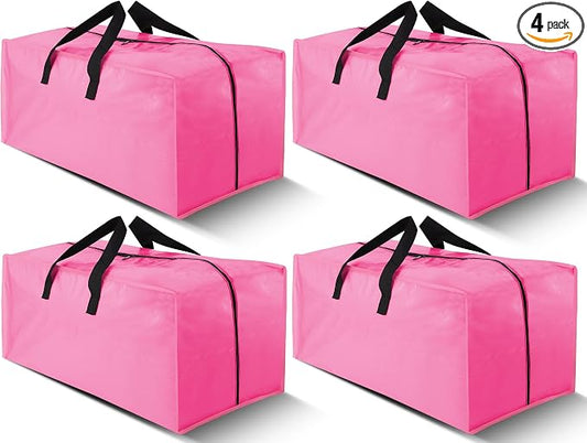 Cosy Family 4 Pack Heavy Duty Extra Large Moving Bags with Backpack Straps - Strong Handles & Zippers, Storage Totes For Space Saving, Fold Flat, Alternative to Moving Box, Pink