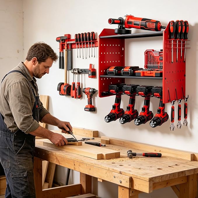 Power Tool Organizer Wall Mount,Power Drill Tool Holder | 200lb Heavy Duty Tool Shelf,4 Tier Cordless Tool Organizerwith 4 Drill Holders & 3 Divider Panels,Red