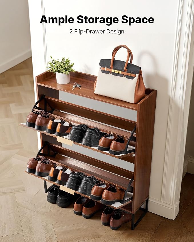 VEVOR Shoe Cabinet with 2 Flip Drawers, Mid-Century Shoes Storage Cabinet with Anti-Tipping Device, Freestanding Fluted Shoe Organizer, Ideal for Entrance, Hallway, Bedroom, Living Room, Walnut